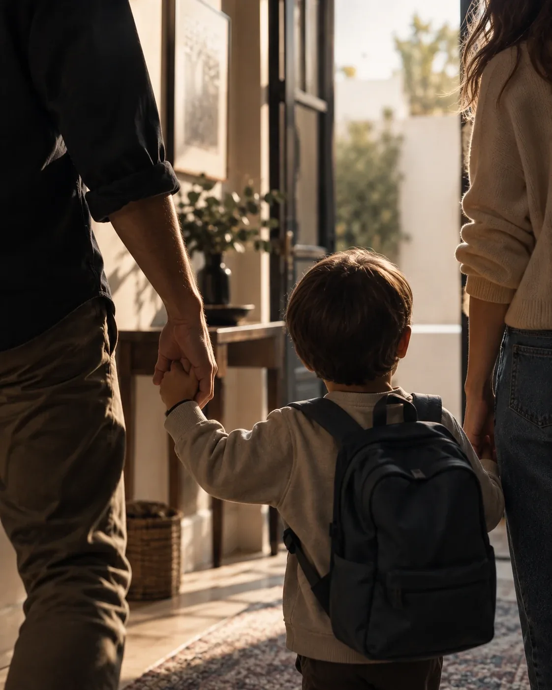 Adoptar al hijo de mi pareja: una pareja lleva de la mano al niño
