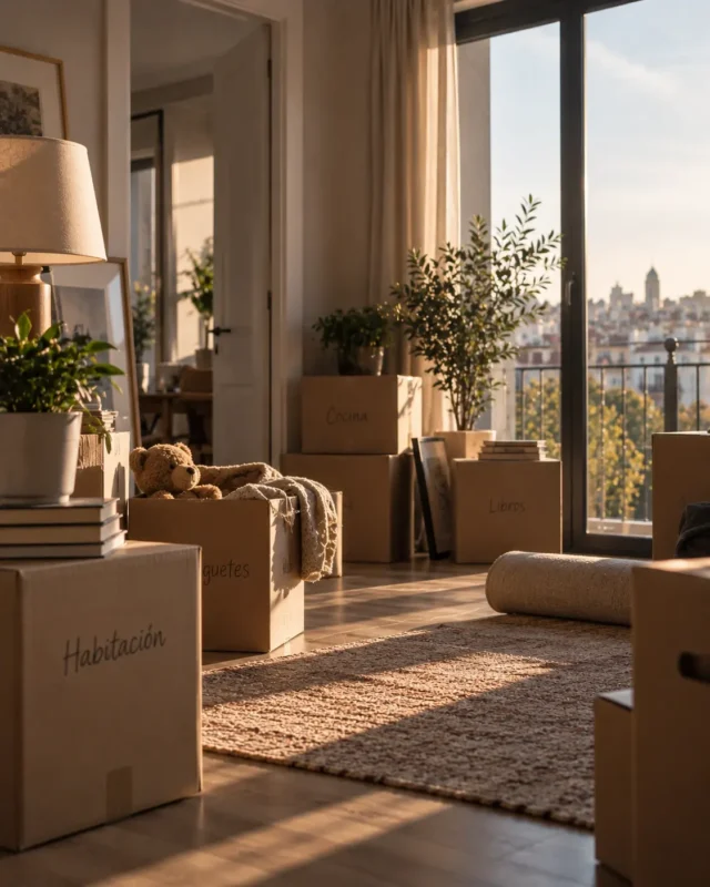 Cambio de domicilio con hijos: cajas de mudanza en un salón