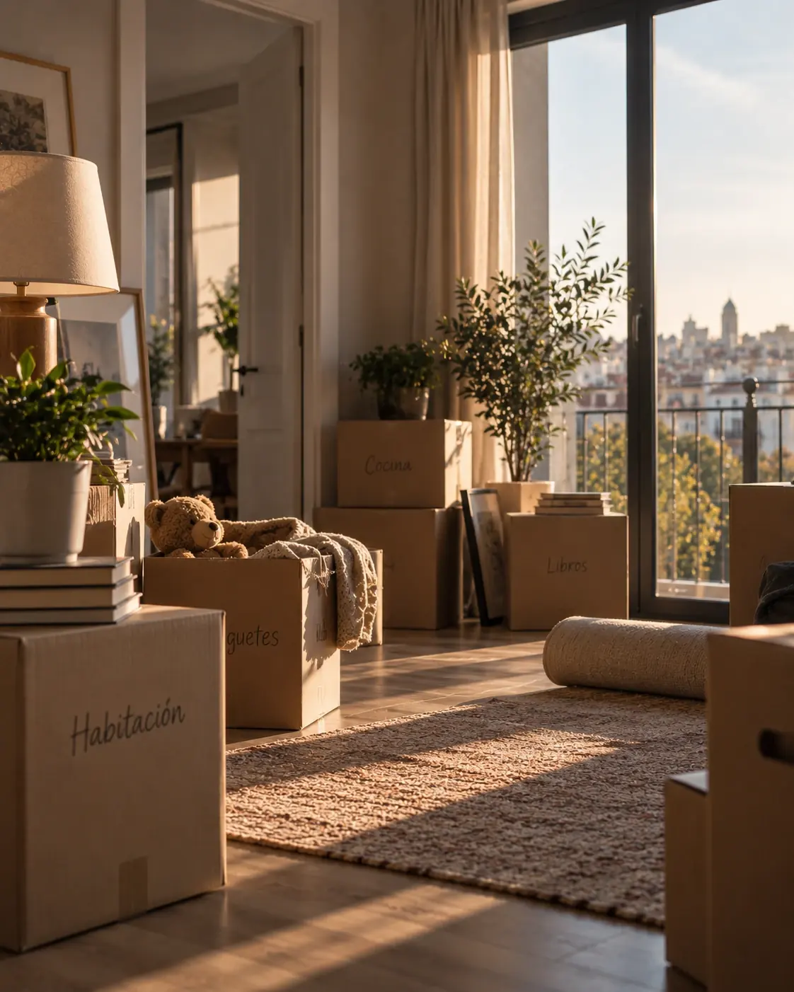 Cambio de domicilio con hijos: cajas de mudanza en un salón
