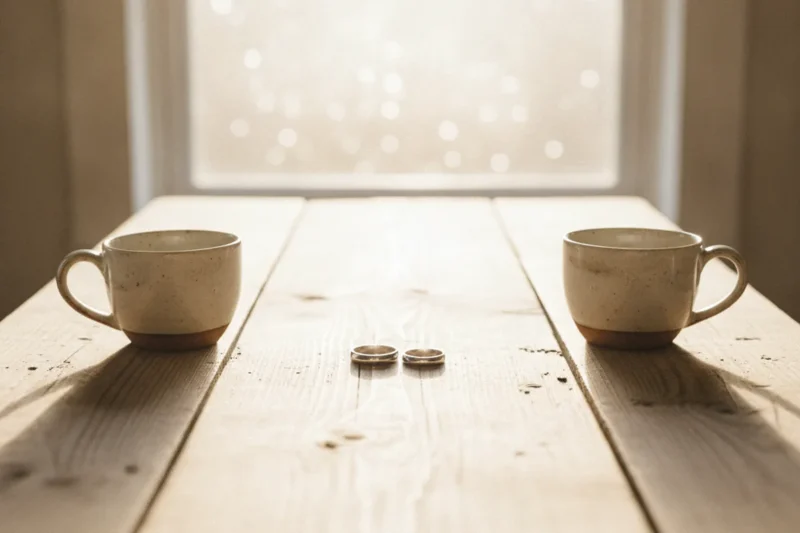 Mesa junto a una ventana con dos tazas separadas y dos alianzas, imagen sobre abogados de familia en Albacete