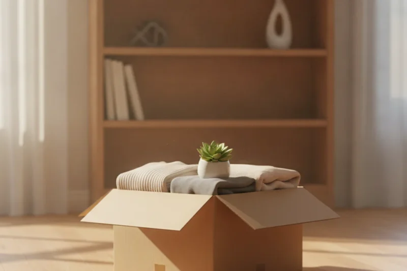 Caja de mudanza a medio hacer en un salón con luz natural, imagen sobre abogados de divorcio en Albacete