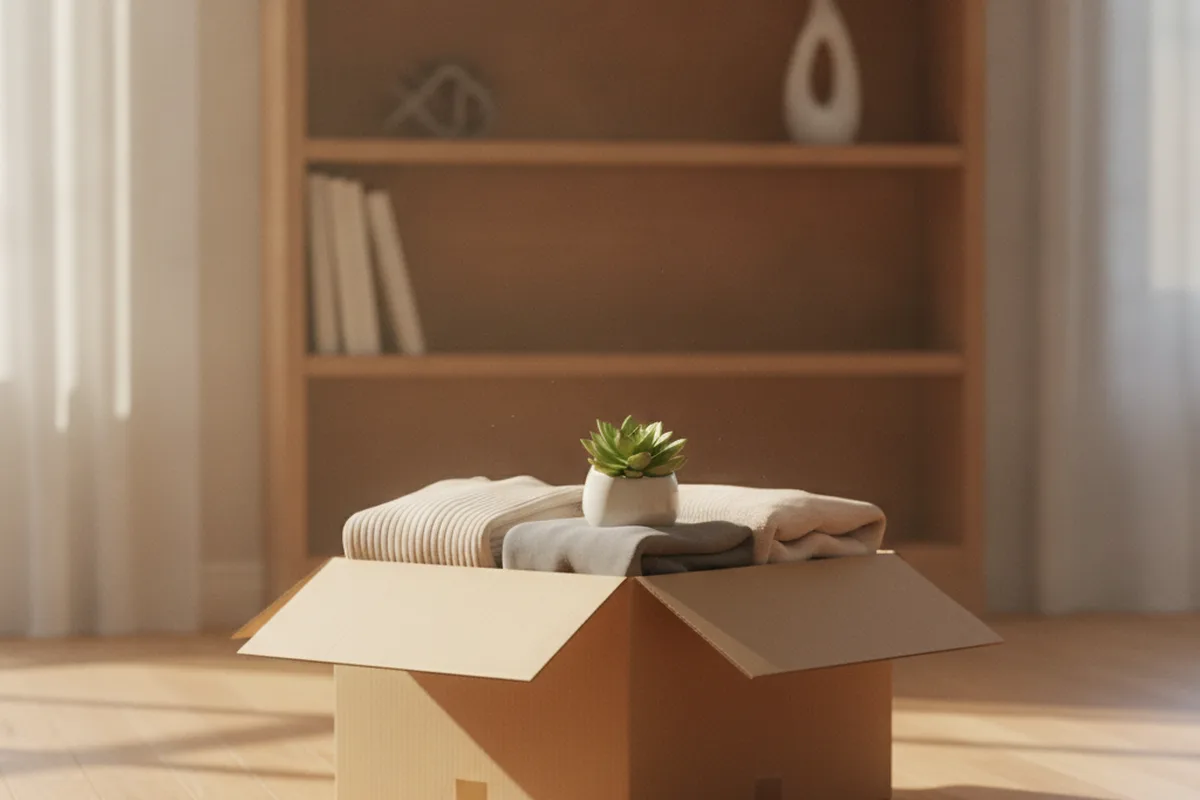 Caja de mudanza a medio hacer en un salón con luz natural, imagen sobre abogados de divorcio en Albacete