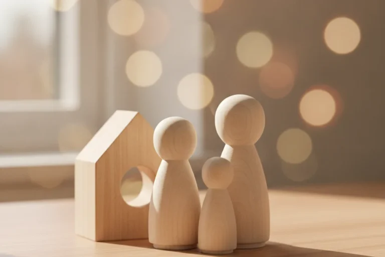 Figuras de madera de una familia junto a una casita, imagen sobre abogados de familia en Castilla-La Mancha