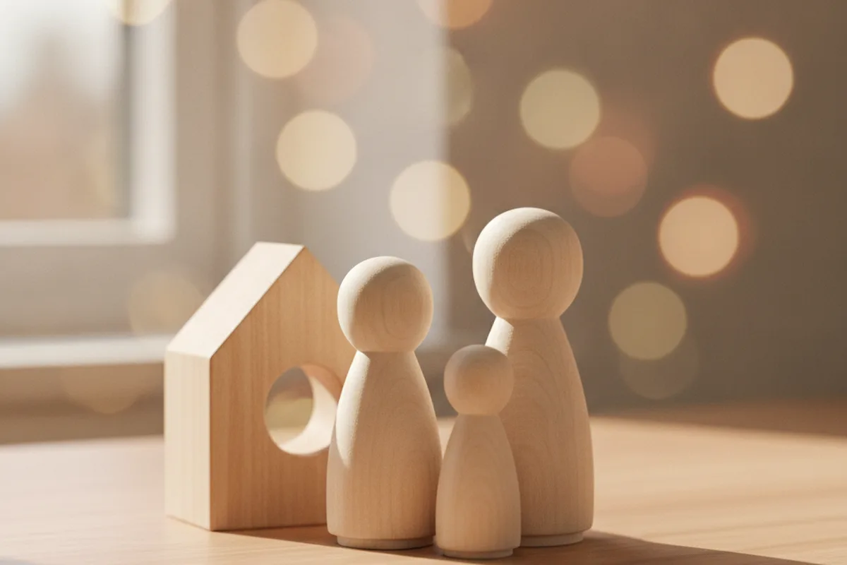 Figuras de madera de una familia junto a una casita, imagen sobre abogados de familia en Castilla-La Mancha